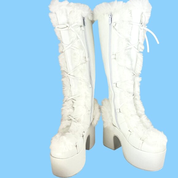 Shoes - White Faux Fur Goth Platform Knee High Boots With Zippers Size 41